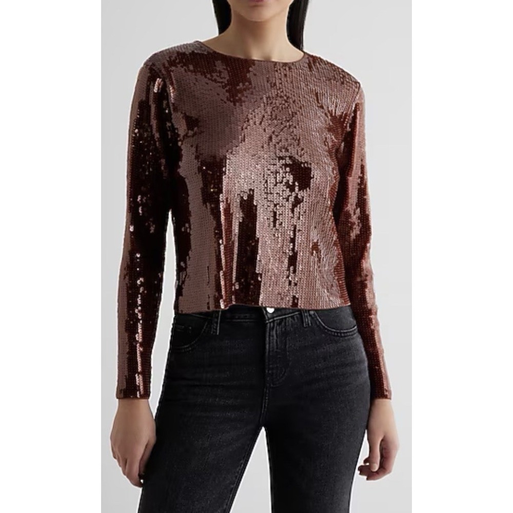 Express Skimming Sequin Party Crew Neck Long‎ Sleeve Boxy Shirt NWT Edgy Size M